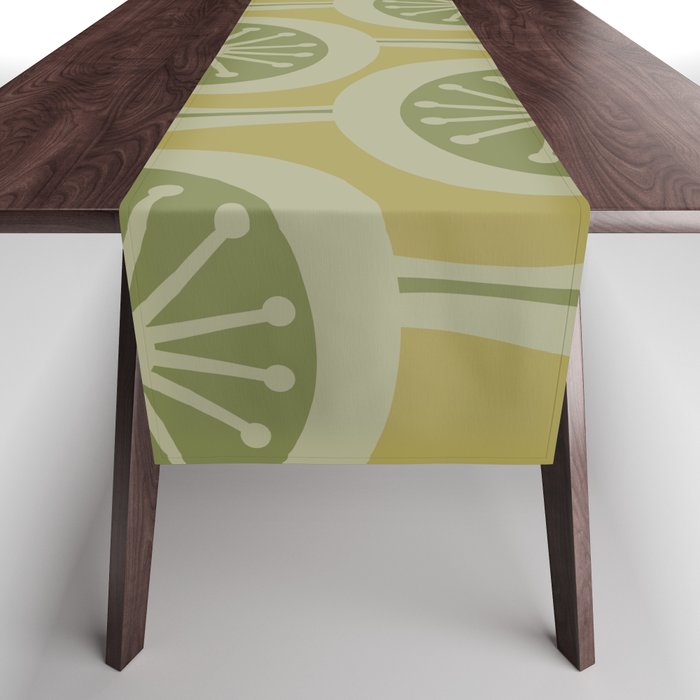 Mid Century Modern Atomic Drops Retro Pattern in Vintage Olive Green and Celadon Tones Table Runner Gallery Image 1