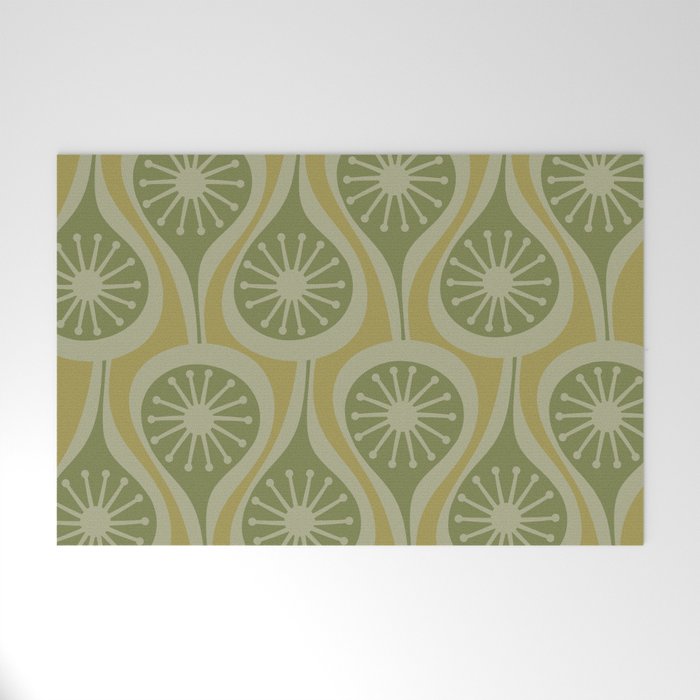 Mid Century Modern Atomic Drops Retro Pattern in Vintage Olive Green and Celadon Tones Welcome Mat Gallery Image 1