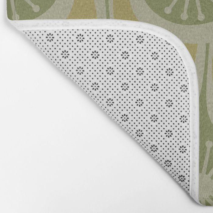 Mid Century Modern Atomic Drops Retro Pattern in Vintage Olive Green and Celadon Tones Bath Mat Gallery Image 2