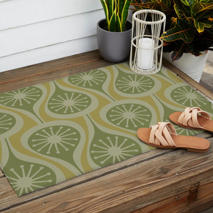 Mid Century Modern Atomic Drops Retro Pattern in Vintage Olive Green and Celadon Tones Outdoor Rug Gallery Image 2
