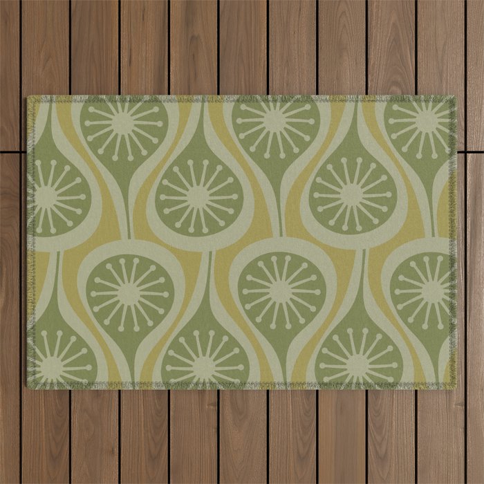Mid Century Modern Atomic Drops Retro Pattern in Vintage Olive Green and Celadon Tones Outdoor Rug Gallery Image 1