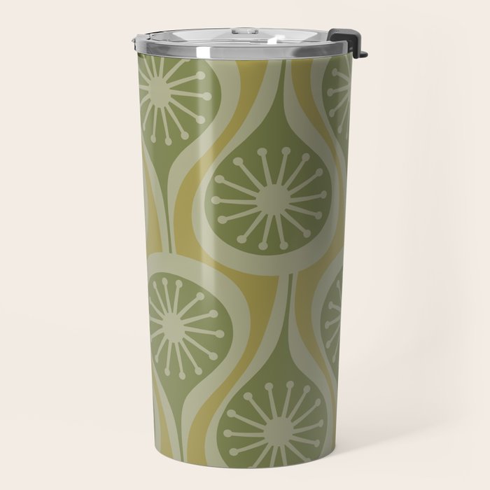 Mid Century Modern Atomic Drops Retro Pattern in Vintage Olive Green and Celadon Tones Travel Mug Gallery Image 2