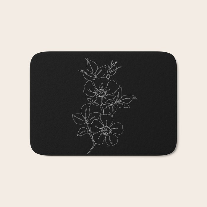 Botanical illustration one line drawing - Rose Black Bath Mat Gallery Image 1