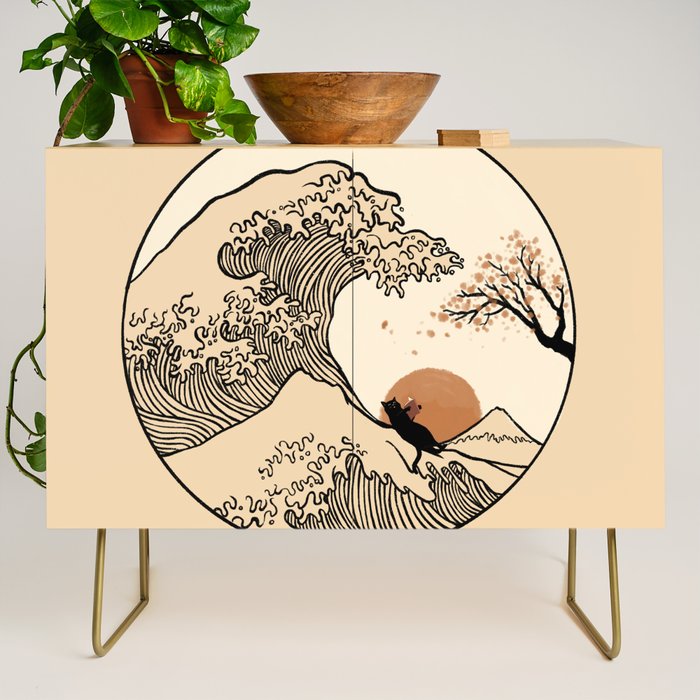 Autumn Tree spring fall Great Wave cat reading Credenza Gallery Image 1