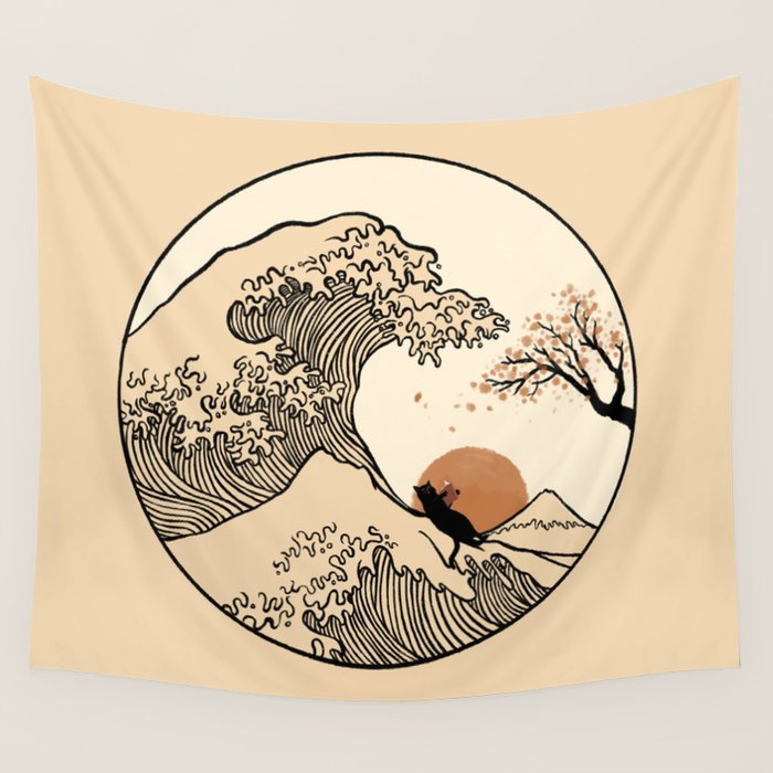 Autumn Tree spring fall Great Wave cat reading Wall Tapestry Gallery Image 4