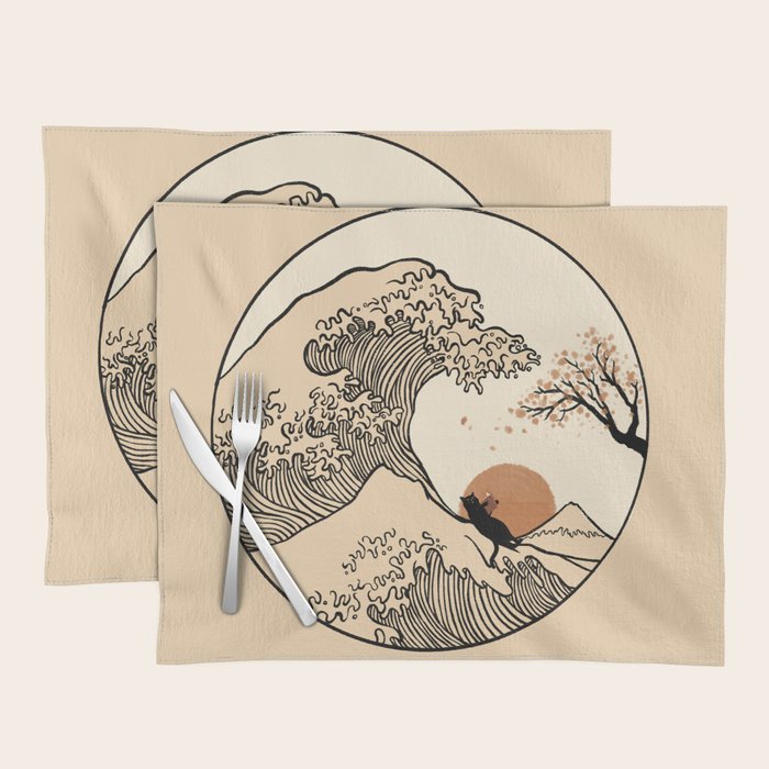 Autumn Tree spring fall Great Wave cat reading Placemat Gallery Image 1