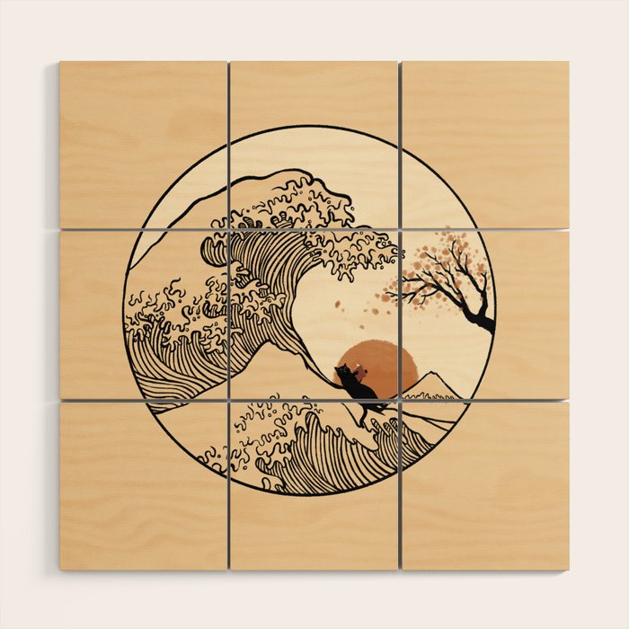 Autumn Tree spring fall Great Wave cat reading Wood Wall Art Gallery Image 1