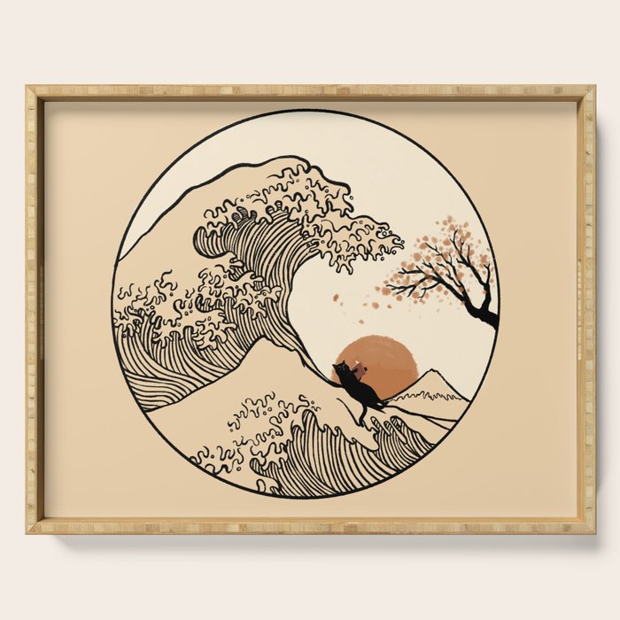 Autumn Tree spring fall Great Wave cat reading Serving Tray Gallery Image 1