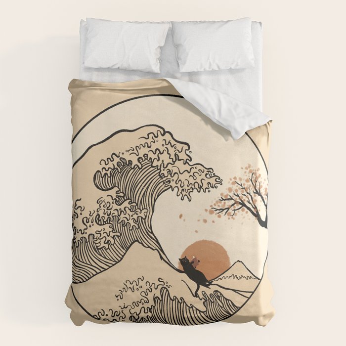 Autumn Tree spring fall Great Wave cat reading Duvet Cover Gallery Image 1