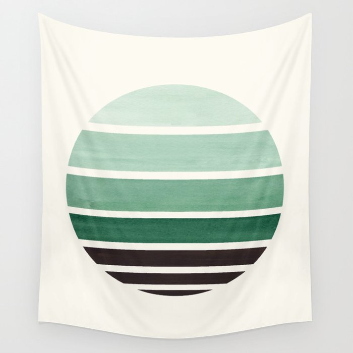 Deep Green Mid Century Modern Minimalist Circle Round Photo Staggered Sunset Geometric Stripe Design Wall Tapestry Gallery Image 4