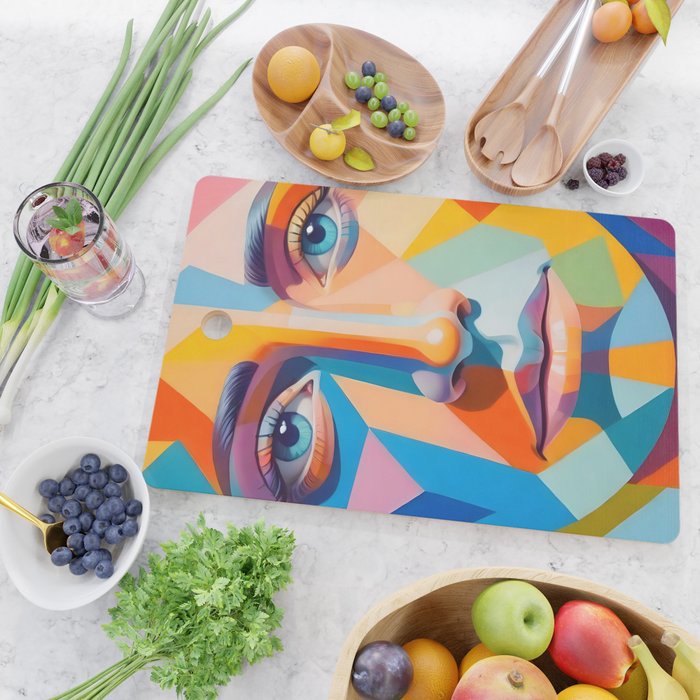Face, Abstract Human Geometric Eclectic, Expressions Eyes Lips People, Bohemian Pop of Color Maximalism Cutting Board Gallery Image 2