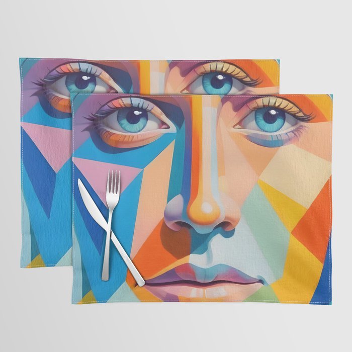 Face, Abstract Human Geometric Eclectic, Expressions Eyes Lips People, Bohemian Pop of Color Maximalism Placemat Gallery Image 1