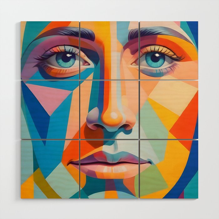 Face, Abstract Human Geometric Eclectic, Expressions Eyes Lips People, Bohemian Pop of Color Maximalism Wood Wall Art Gallery Image 1