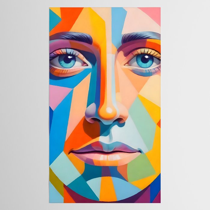 Face, Abstract Human Geometric Eclectic, Expressions Eyes Lips People, Bohemian Pop of Color Maximalism Tablecloth Gallery Image 2