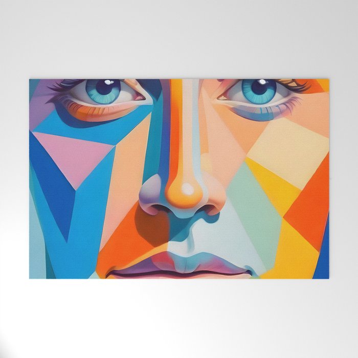 Face, Abstract Human Geometric Eclectic, Expressions Eyes Lips People, Bohemian Pop of Color Maximalism Welcome Mat Gallery Image 1