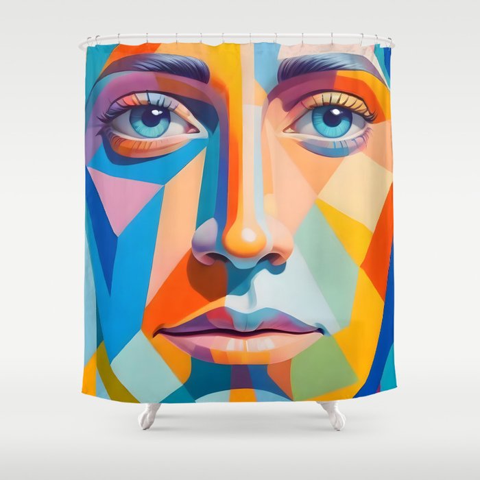 Face, Abstract Human Geometric Eclectic, Expressions Eyes Lips People, Bohemian Pop of Color Maximalism Shower Curtain Gallery Image 1