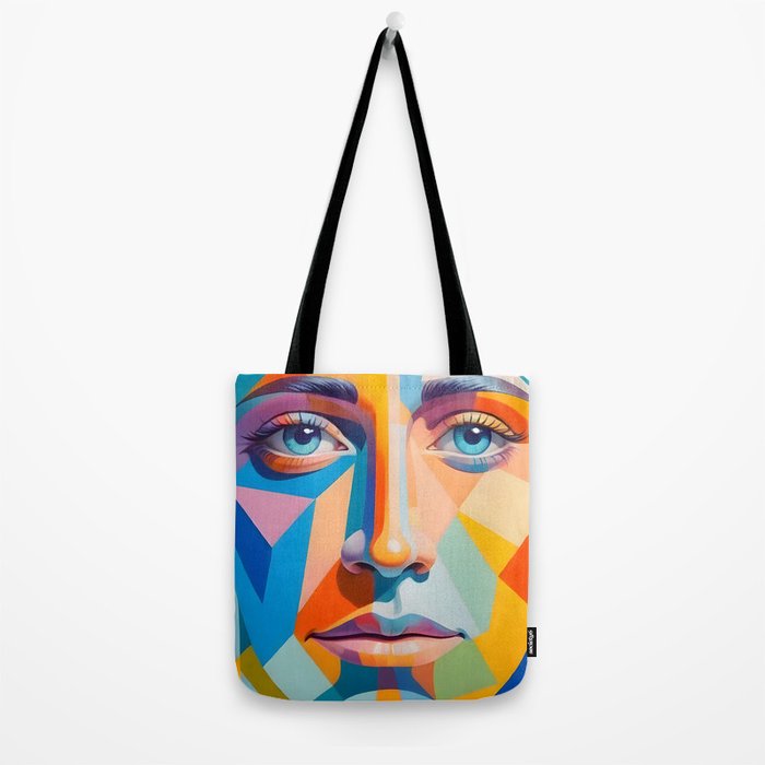 Face, Abstract Human Geometric Eclectic, Expressions Eyes Lips People, Bohemian Pop of Color Maximalism Tote Bag Gallery Image 2