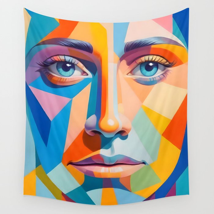 Face, Abstract Human Geometric Eclectic, Expressions Eyes Lips People, Bohemian Pop of Color Maximalism Wall Tapestry Gallery Image 4