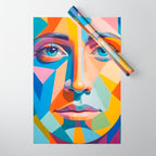 Face, Abstract Human Geometric Eclectic, Expressions Eyes Lips People, Bohemian Pop of Color Maximalism Wrapping Paper Gallery Image 1
