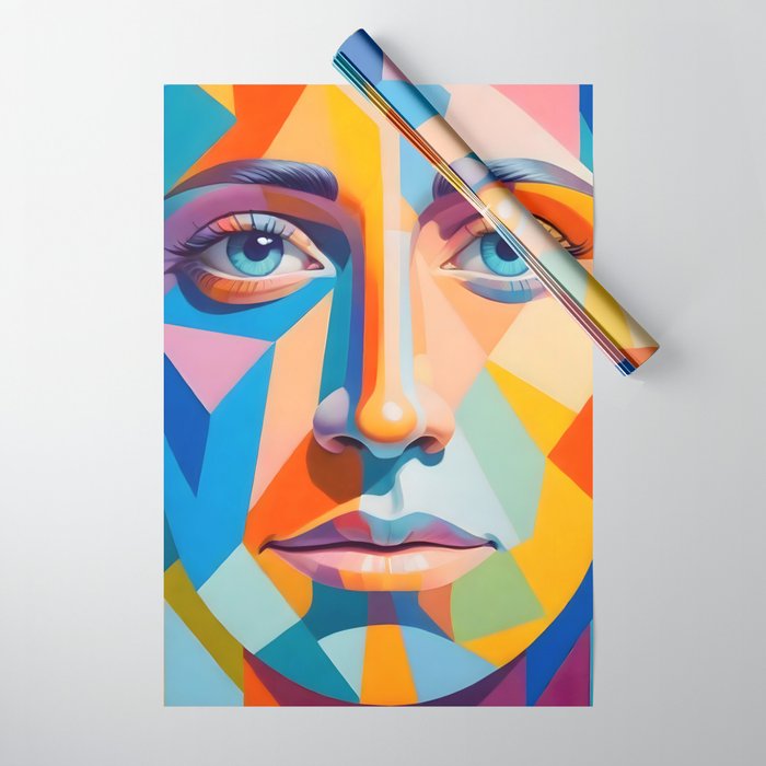 Face, Abstract Human Geometric Eclectic, Expressions Eyes Lips People, Bohemian Pop of Color Maximalism Wrapping Paper Gallery Image 1