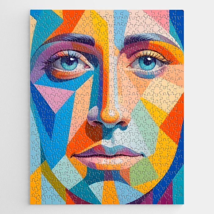 Face, Abstract Human Geometric Eclectic, Expressions Eyes Lips People, Bohemian Pop of Color Maximalism Jigsaw Puzzle Gallery Image 1