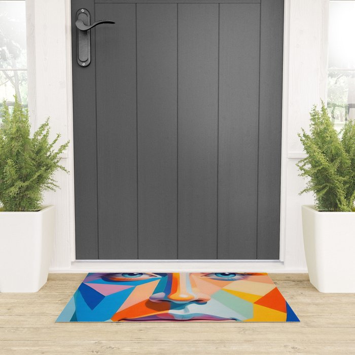 Face, Abstract Human Geometric Eclectic, Expressions Eyes Lips People, Bohemian Pop of Color Maximalism Welcome Mat Gallery Image 3