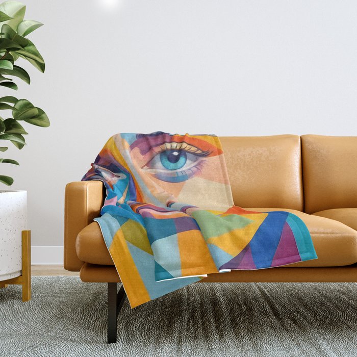 Face, Abstract Human Geometric Eclectic, Expressions Eyes Lips People, Bohemian Pop of Color Maximalism Throw Blanket Gallery Image 1