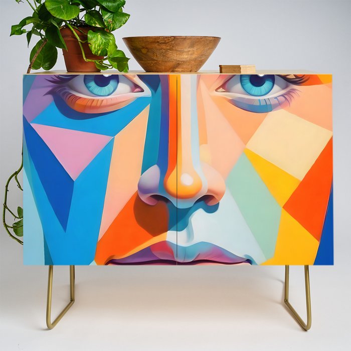 Face, Abstract Human Geometric Eclectic, Expressions Eyes Lips People, Bohemian Pop of Color Maximalism Credenza Gallery Image 1
