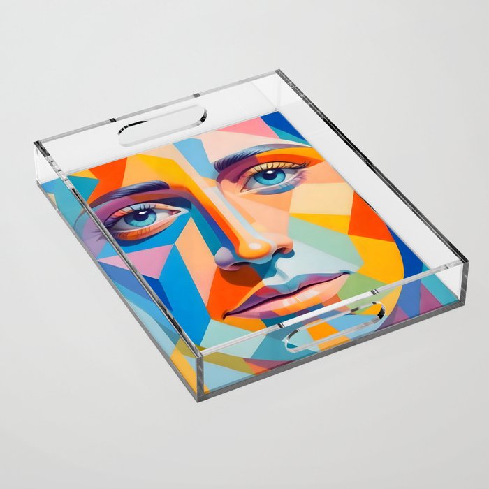 Face, Abstract Human Geometric Eclectic, Expressions Eyes Lips People, Bohemian Pop of Color Maximalism Acrylic Tray Gallery Image 1