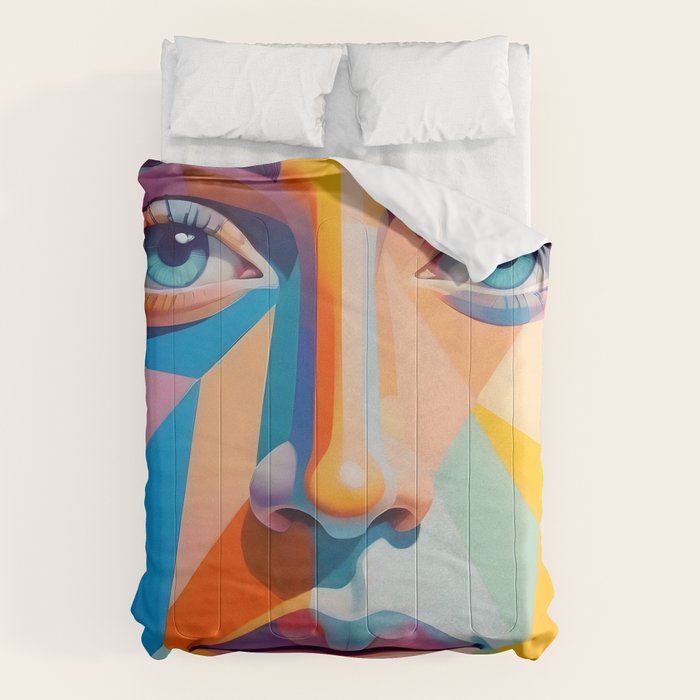 Face, Abstract Human Geometric Eclectic, Expressions Eyes Lips People, Bohemian Pop of Color Maximalism Comforter Gallery Image 6