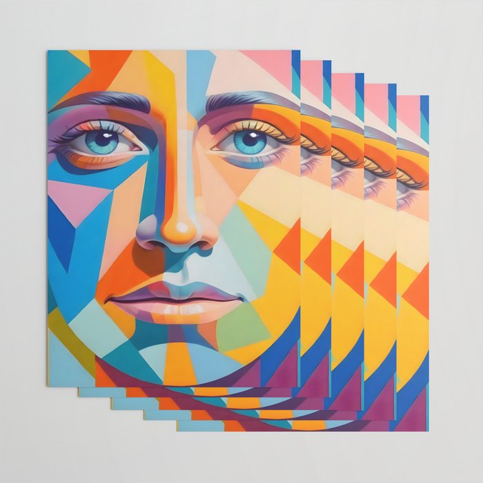 Face, Abstract Human Geometric Eclectic, Expressions Eyes Lips People, Bohemian Pop of Color Maximalism Wrapping Paper Gallery Image 3