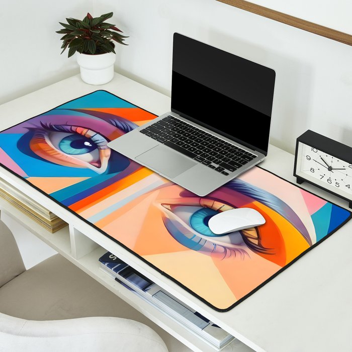 Face, Abstract Human Geometric Eclectic, Expressions Eyes Lips People, Bohemian Pop of Color Maximalism Desk Mat Gallery Image 2