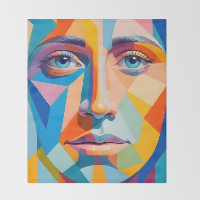 Face, Abstract Human Geometric Eclectic, Expressions Eyes Lips People, Bohemian Pop of Color Maximalism Throw Blanket Gallery Image 2