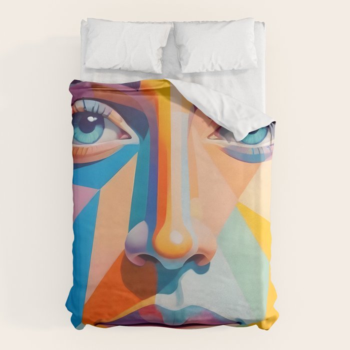 Face, Abstract Human Geometric Eclectic, Expressions Eyes Lips People, Bohemian Pop of Color Maximalism Duvet Cover Gallery Image 6