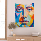 Face, Abstract Human Geometric Eclectic, Expressions Eyes Lips People, Bohemian Pop of Color Maximalism Wall Tapestry Gallery Image 2