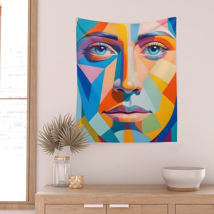 Face, Abstract Human Geometric Eclectic, Expressions Eyes Lips People, Bohemian Pop of Color Maximalism Wall Tapestry Gallery Image 2