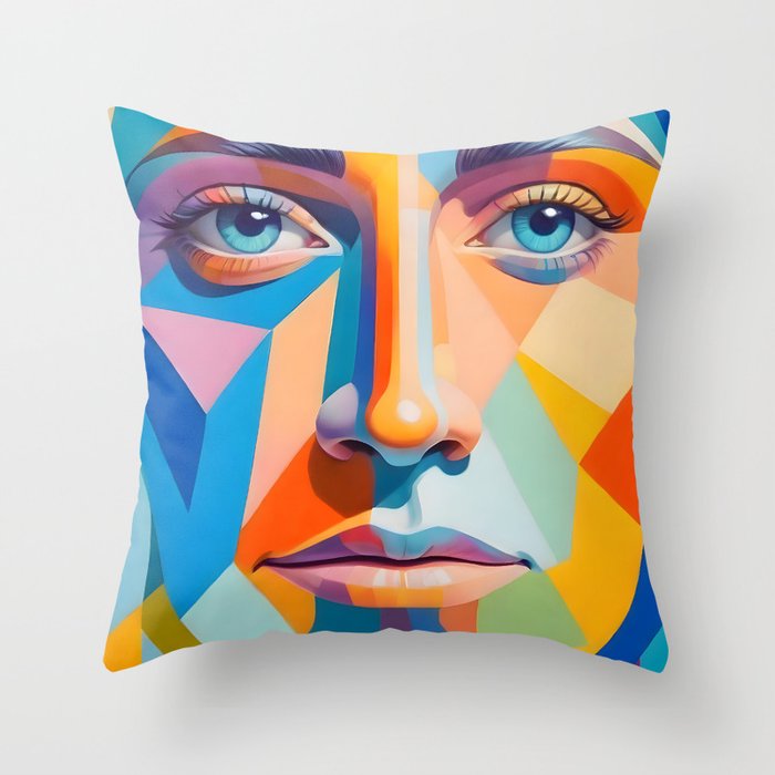 Face, Abstract Human Geometric Eclectic, Expressions Eyes Lips People, Bohemian Pop of Color Maximalism Throw Pillow Gallery Image 1