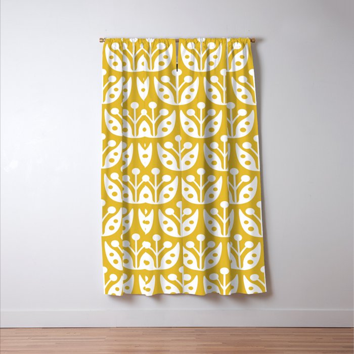 Mid Century Modern Scandinavian Floral Pattern Mustard Yellow Window Curtain Gallery Image 3