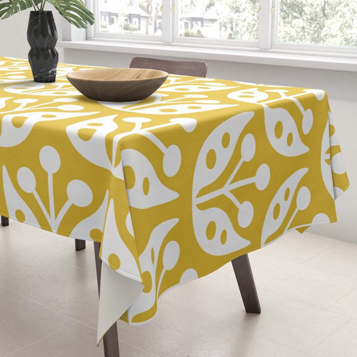 Mid Century Modern Scandinavian Floral Pattern Mustard Yellow Tablecloth Gallery Image 3