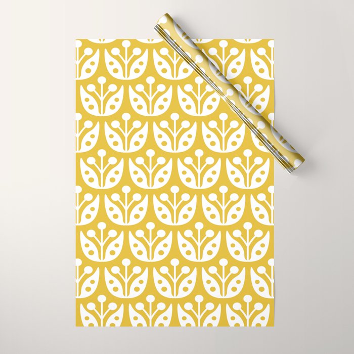 Mid Century Modern Scandinavian Floral Pattern Mustard Yellow Wrapping Paper Gallery Image 1