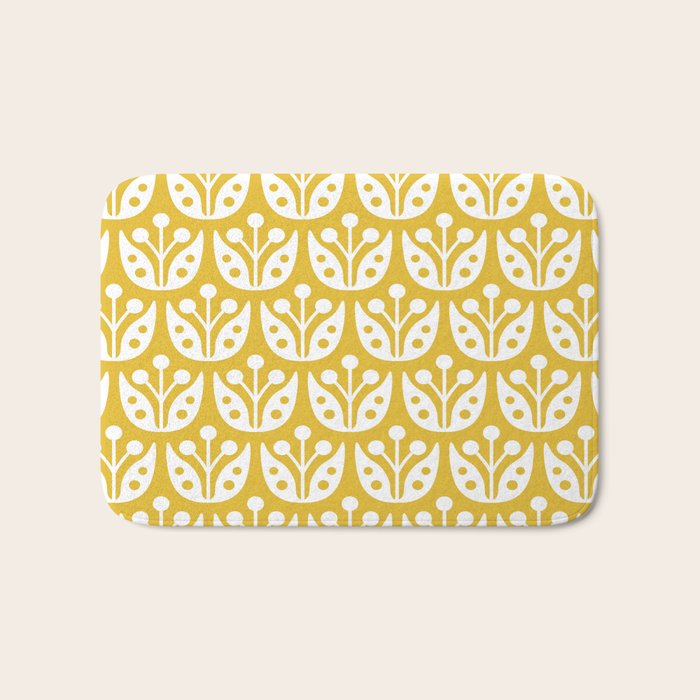 Mid Century Modern Scandinavian Floral Pattern Mustard Yellow Bath Mat Gallery Image 1
