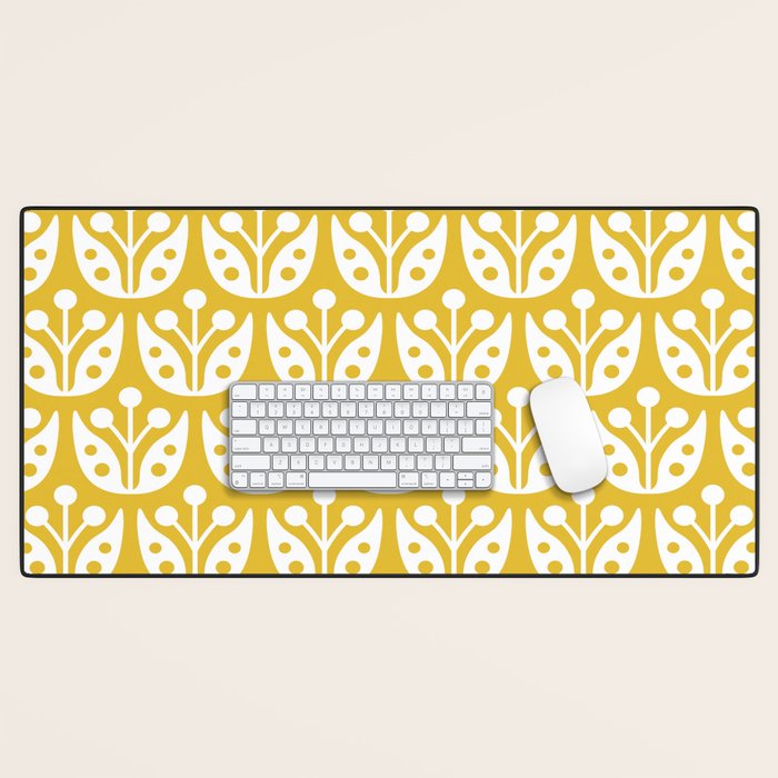 Mid Century Modern Scandinavian Floral Pattern Mustard Yellow Desk Mat Gallery Image 1