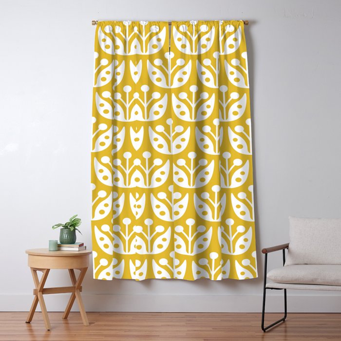 Mid Century Modern Scandinavian Floral Pattern Mustard Yellow Window Curtain Gallery Image 5