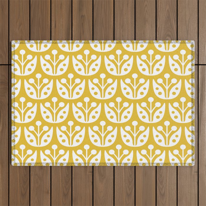 Mid Century Modern Scandinavian Floral Pattern Mustard Yellow Outdoor Rug Gallery Image 1
