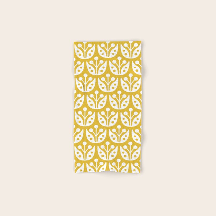 Mid Century Modern Scandinavian Floral Pattern Mustard Yellow Bath Towel Gallery Image 1