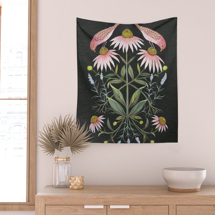Echinacea and Finches Wall Tapestry Gallery Image 2