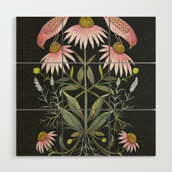 Echinacea and Finches Wood Wall Art Gallery Image 1