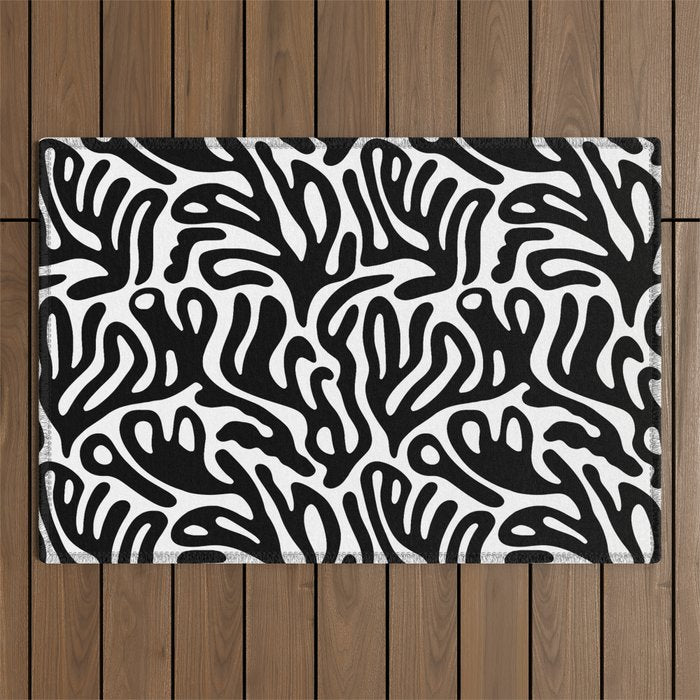 Matisse Style Organic Shapes Free Form Cut Outs Pattern Black On White Outdoor Rug Gallery Image 1