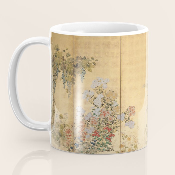 Japanese Edo Period Six-Panel Gold Leaf Screen - Spring and Autumn Flowers Coffee Mug Gallery Image 3