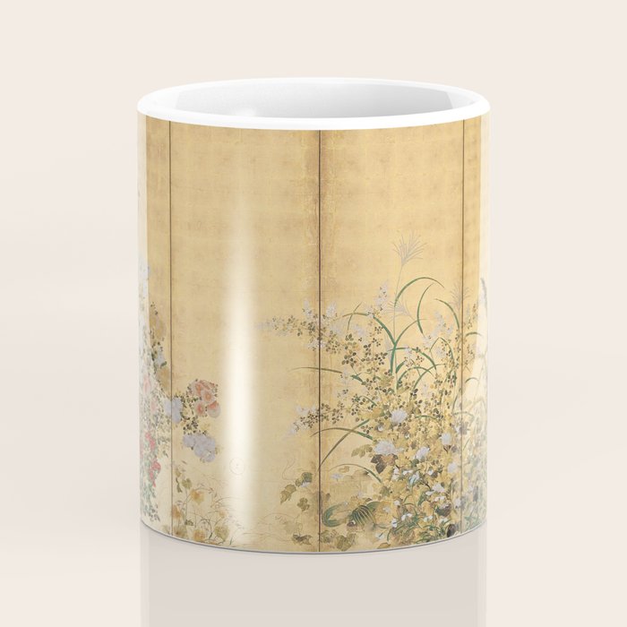 Japanese Edo Period Six-Panel Gold Leaf Screen - Spring and Autumn Flowers Coffee Mug Gallery Image 4